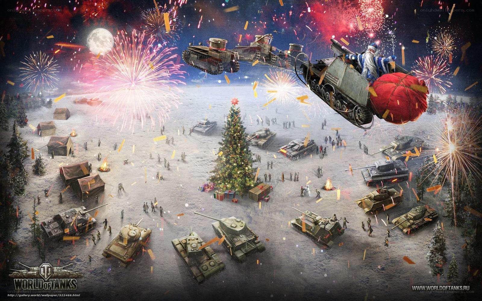 Santa's tank sleigh in a snowy battlefield