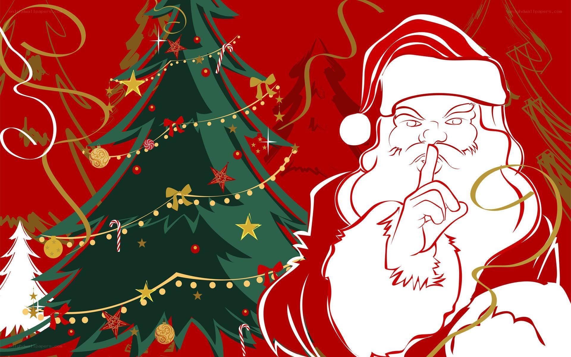 Santa shushing near Christmas tree