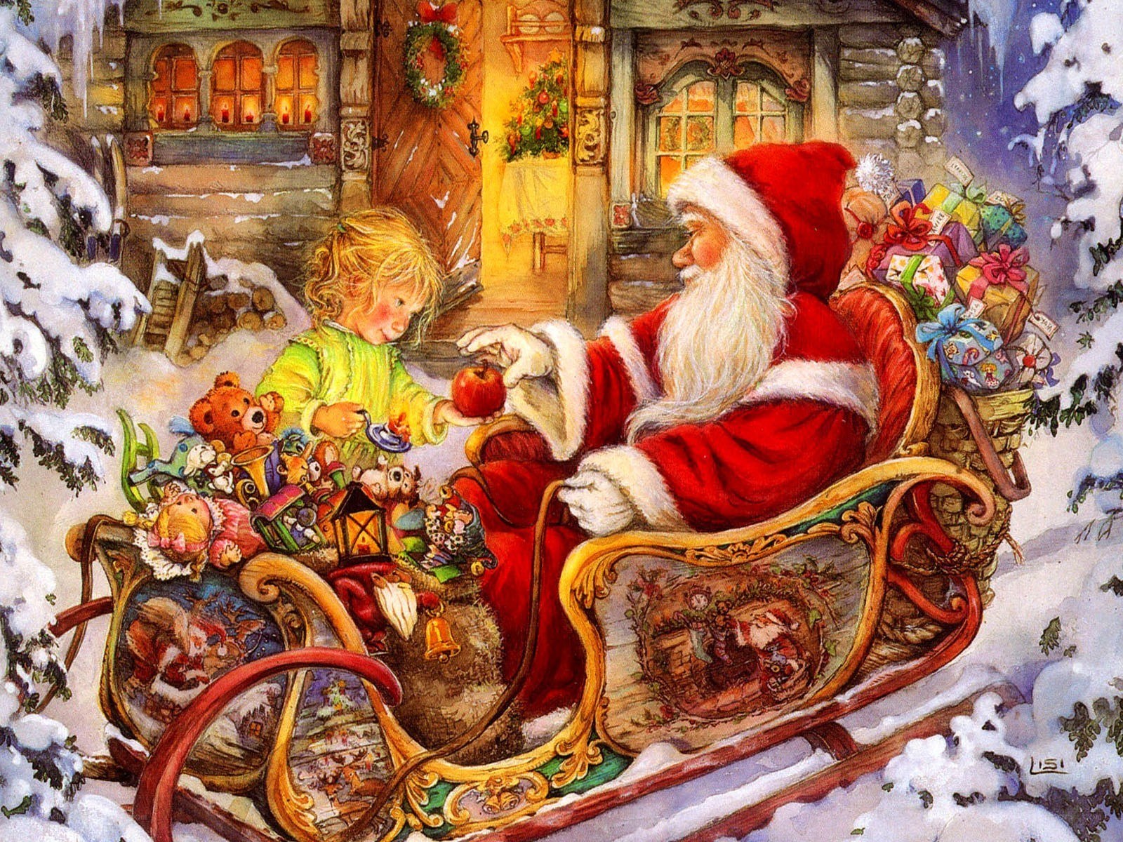 Santa with child in sleigh