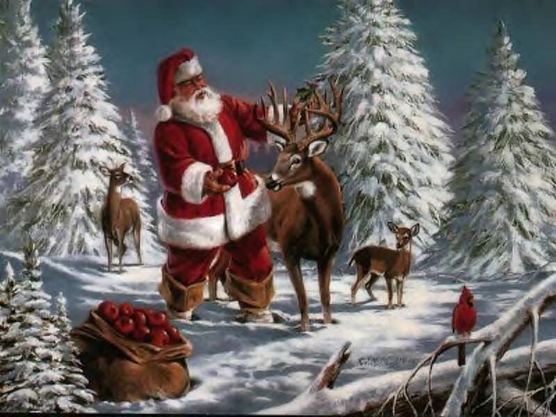 Santa with deer in snow