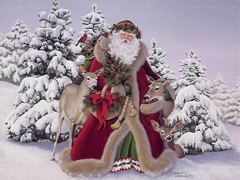 Santa with deer in snow