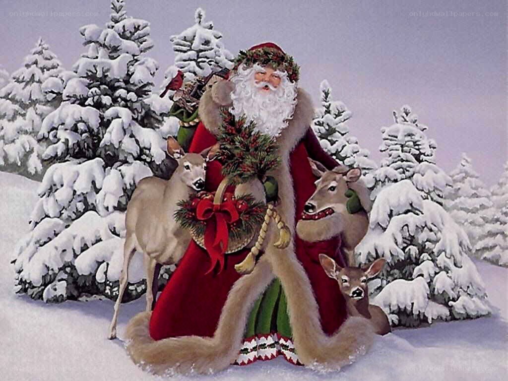 Santa with deer in snow