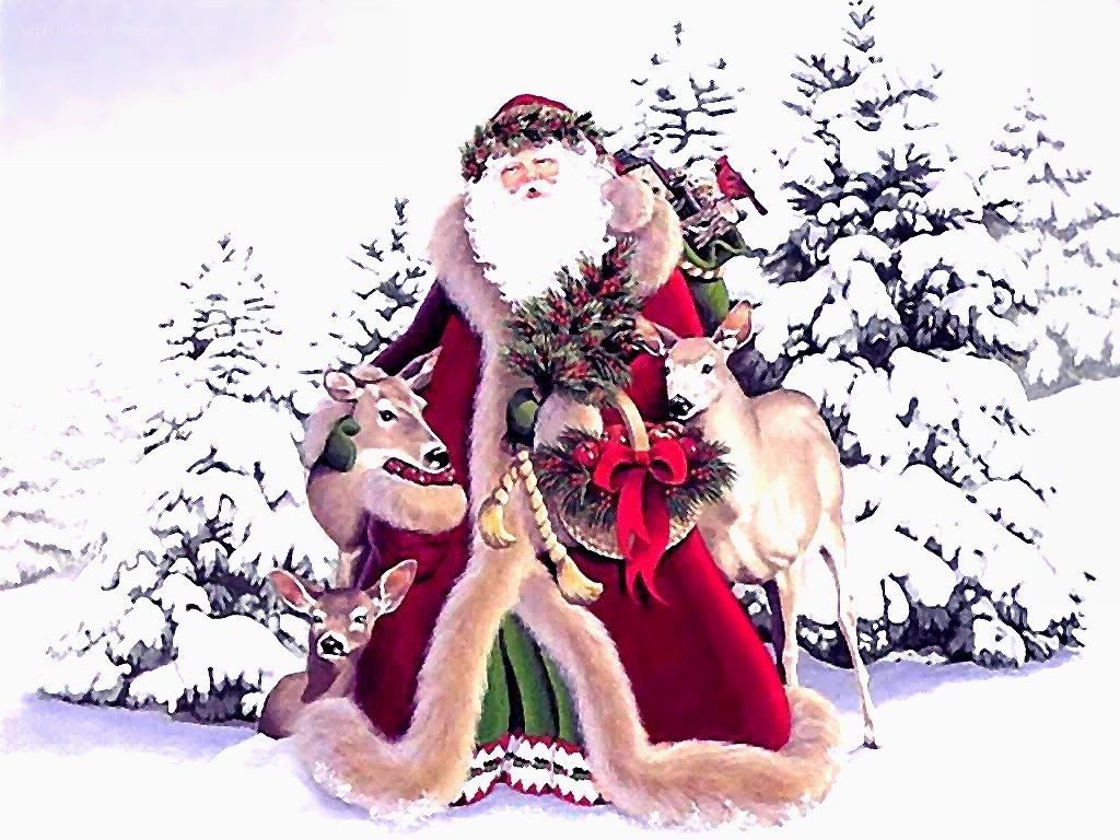 Santa with deer in snow