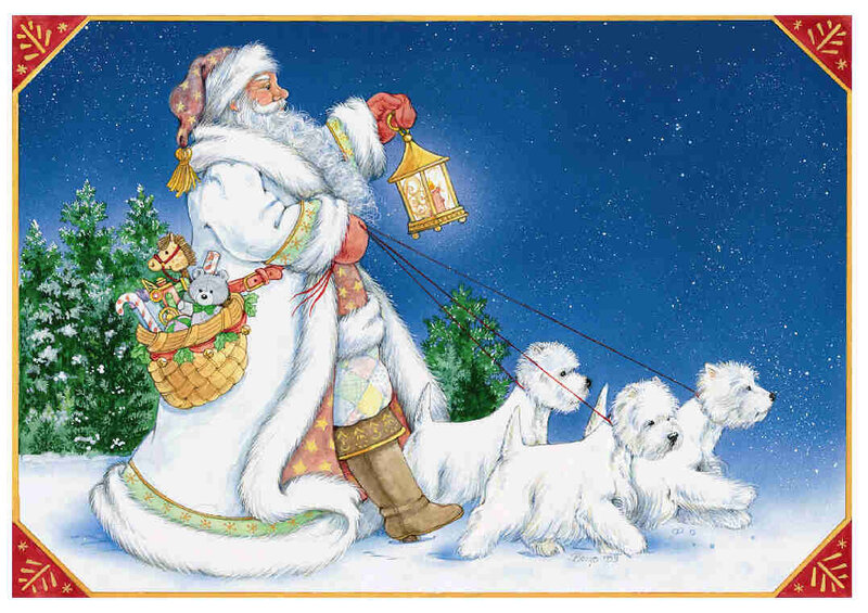 Santa with dogs in snow