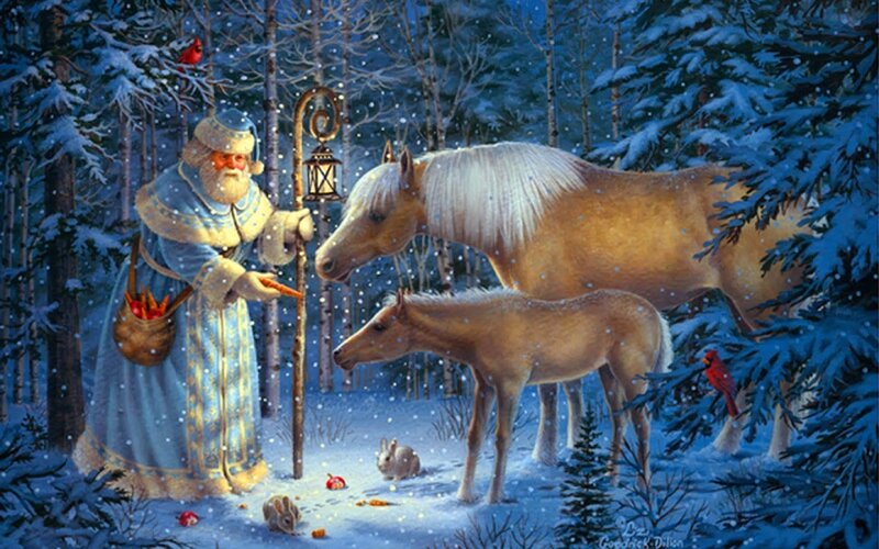 Santa with Horses — Blue, Peaceful