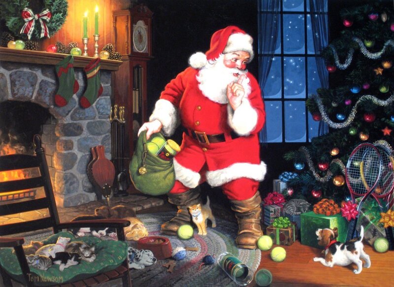 Santa with pets in living room