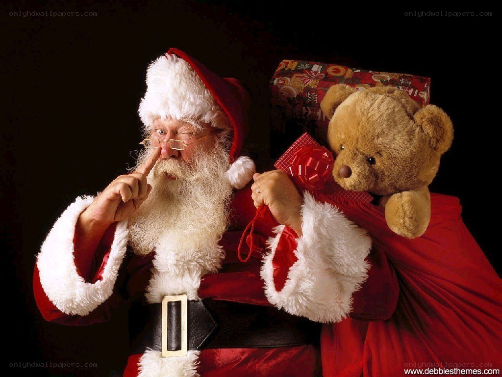 Santa with teddy bear and gifts