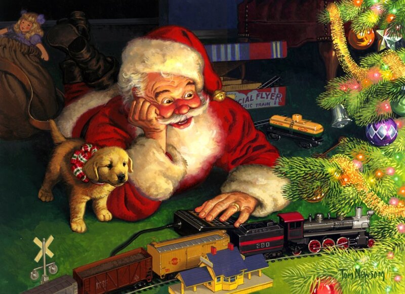 Santa with train and puppy