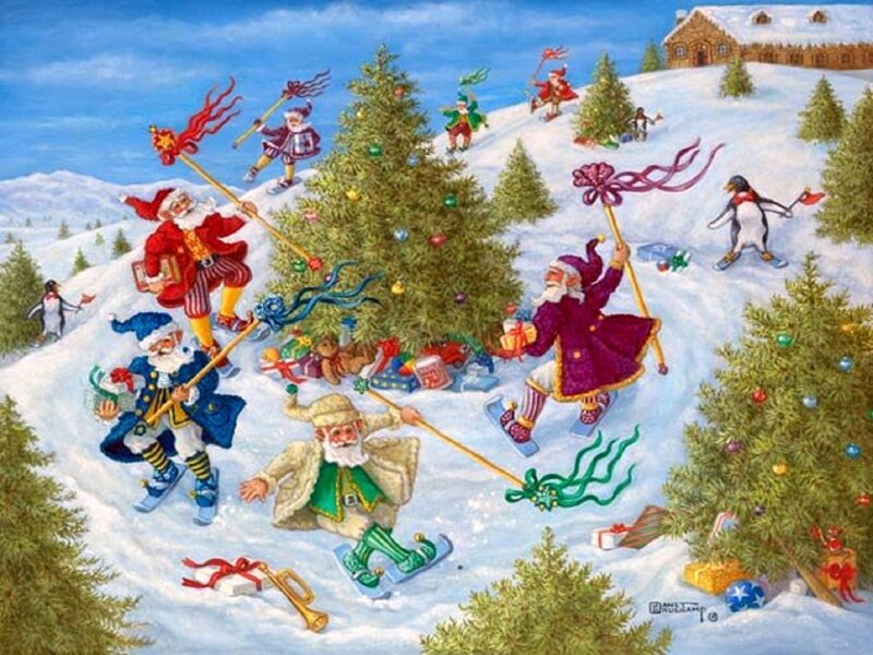 Santas Skiing in Snow