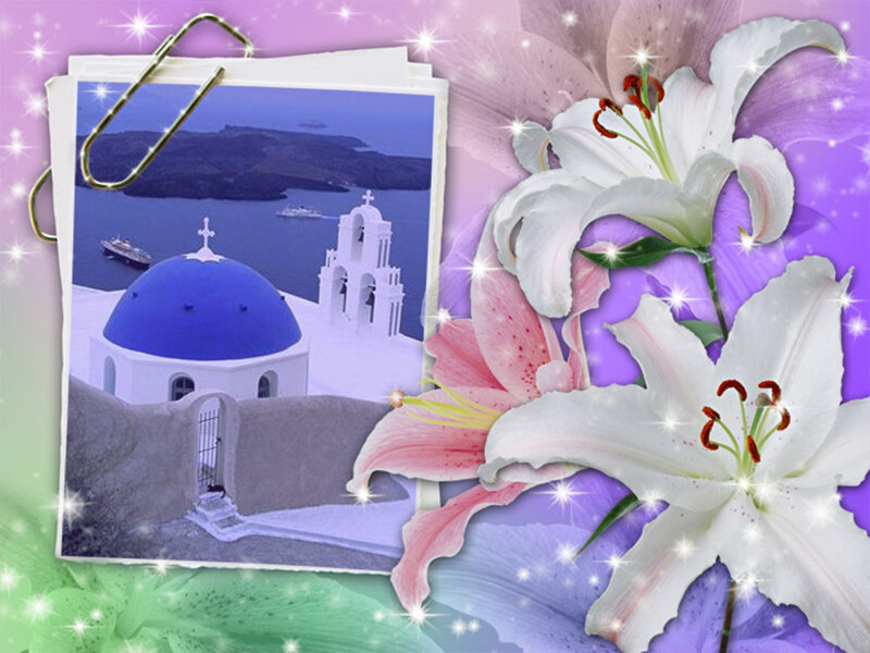 Santorini photo with lilies