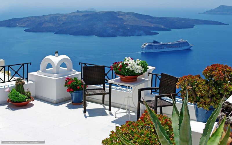 Santorini terrace with cruise ship