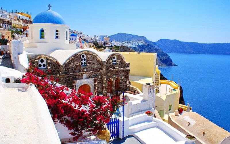 Santorini village with blue dome