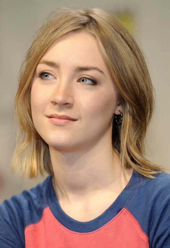 Saoirse Ronan in a blue and red shirt