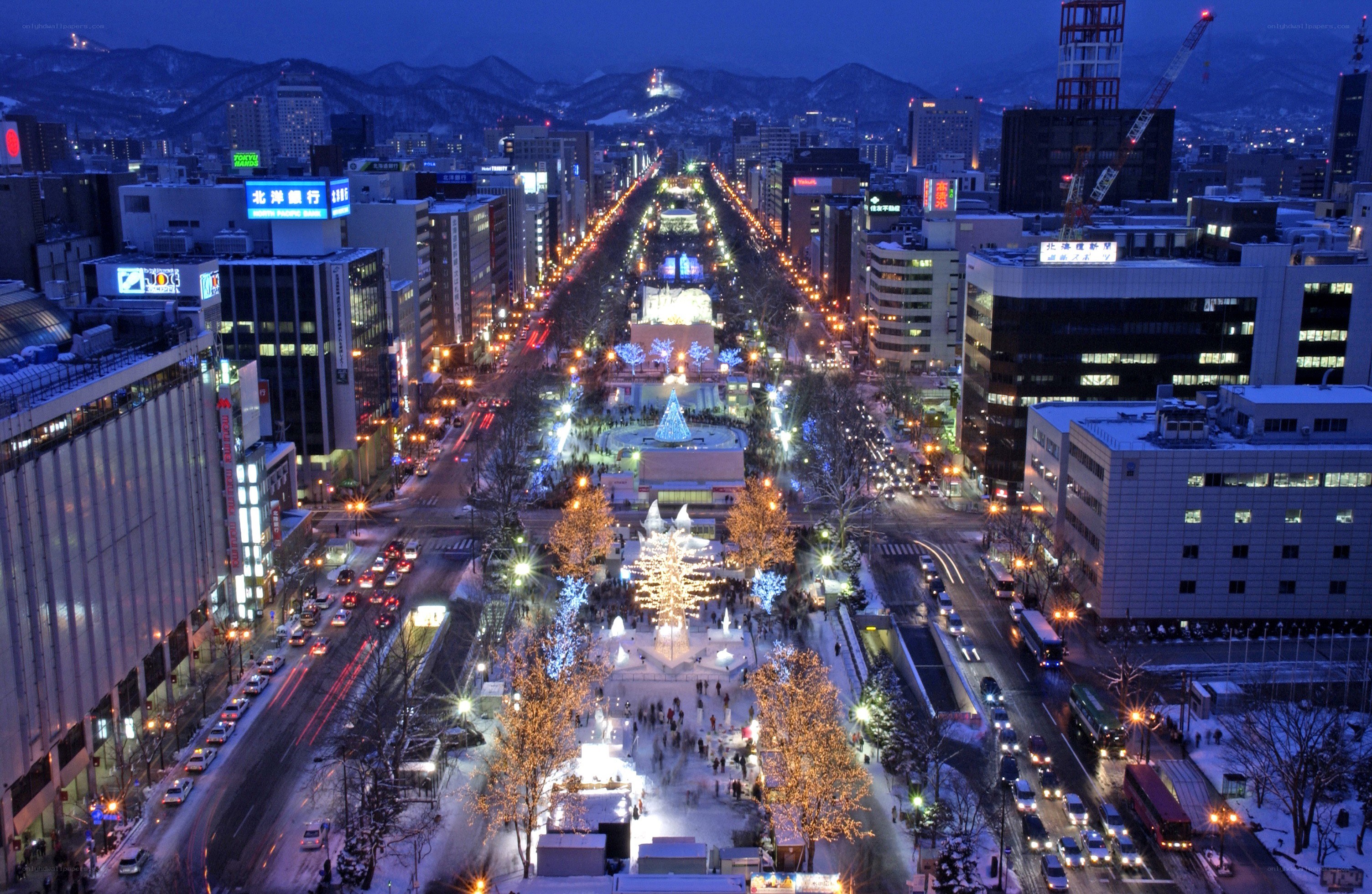 Sapporo street at night in winter