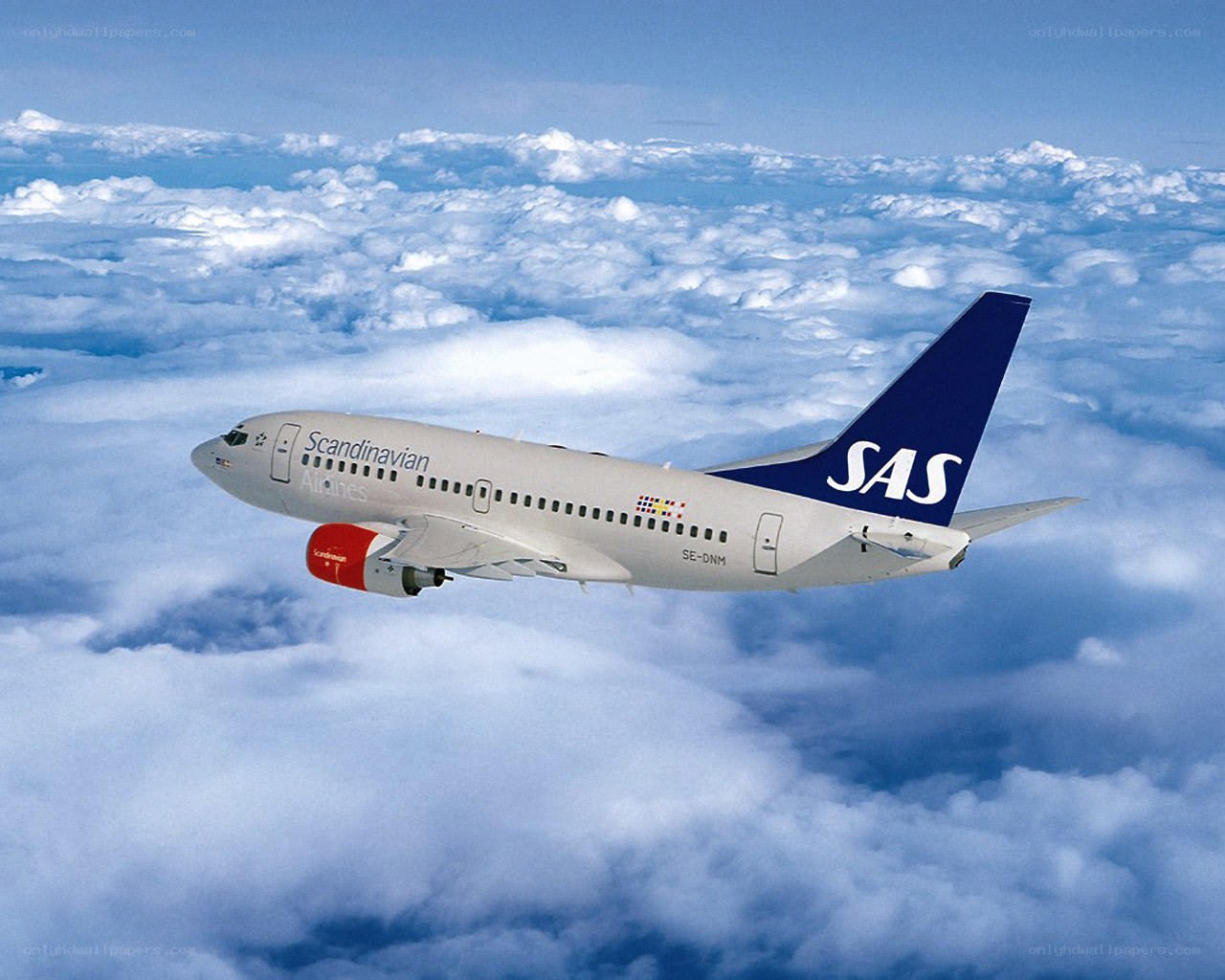 SAS airplane flying above clouds