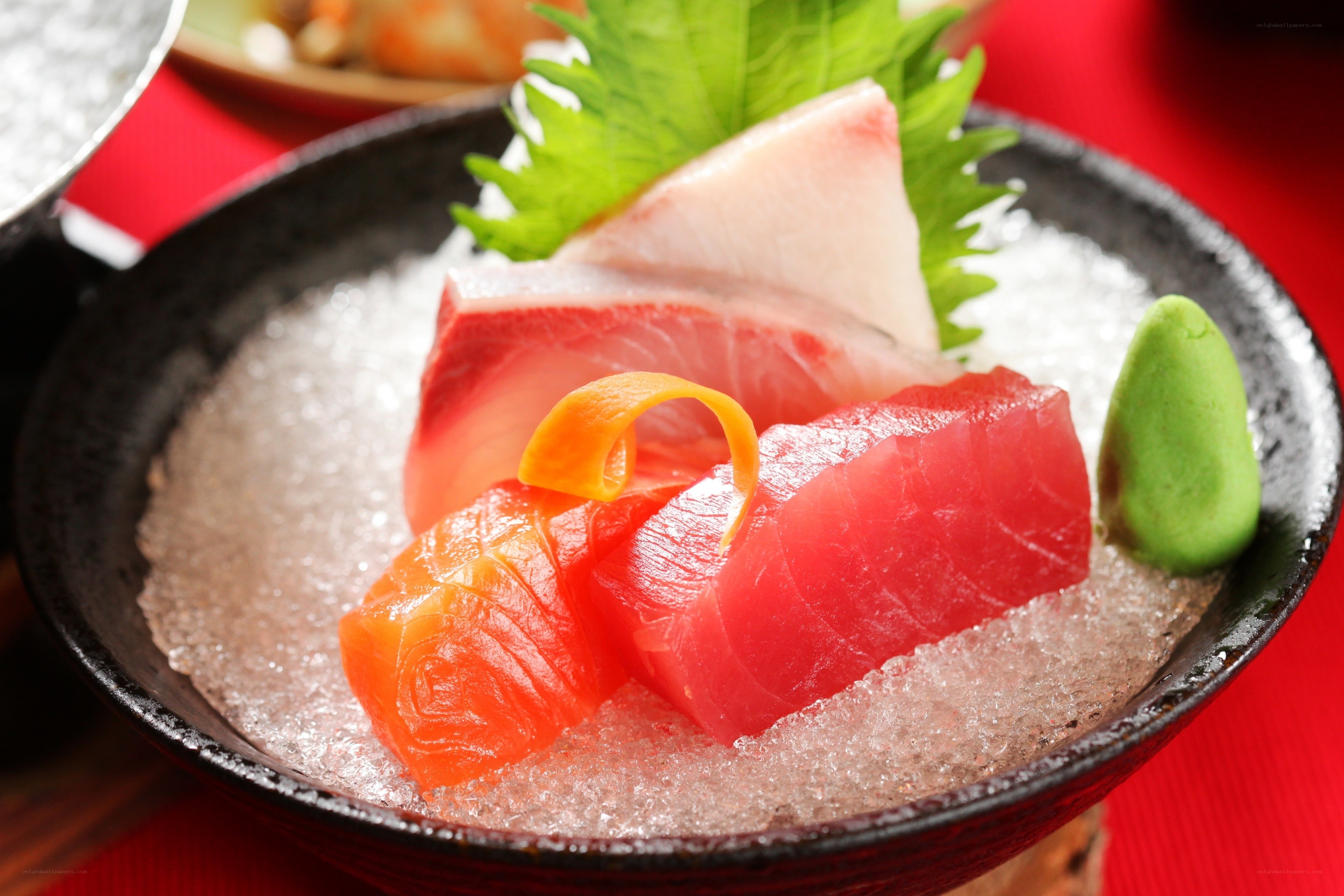 sashimi on ice with garnish