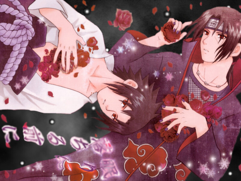 Sasuke and Itachi in a rose-filled scene
