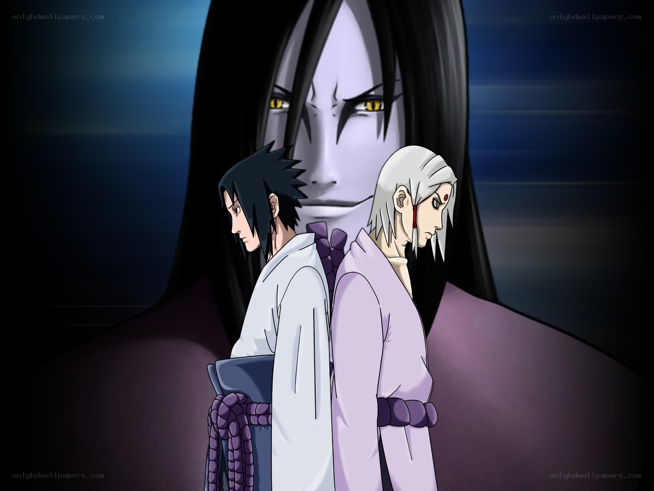 Sasuke and Orochimaru with a looming figure