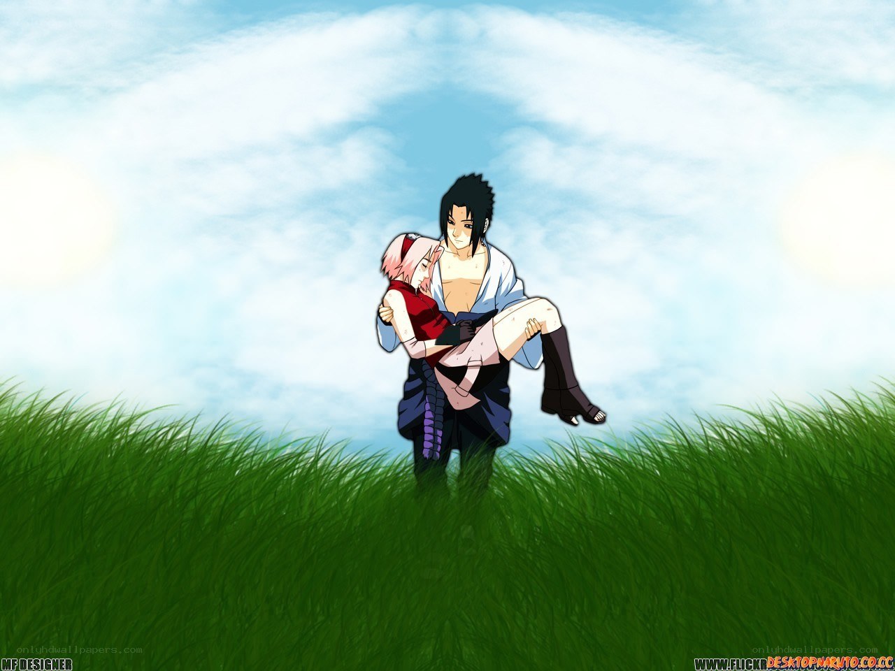 Sasuke carrying Sakura in a field