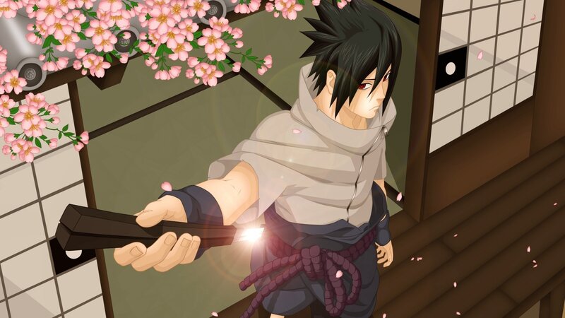 Sasuke with kunai under cherry blossoms