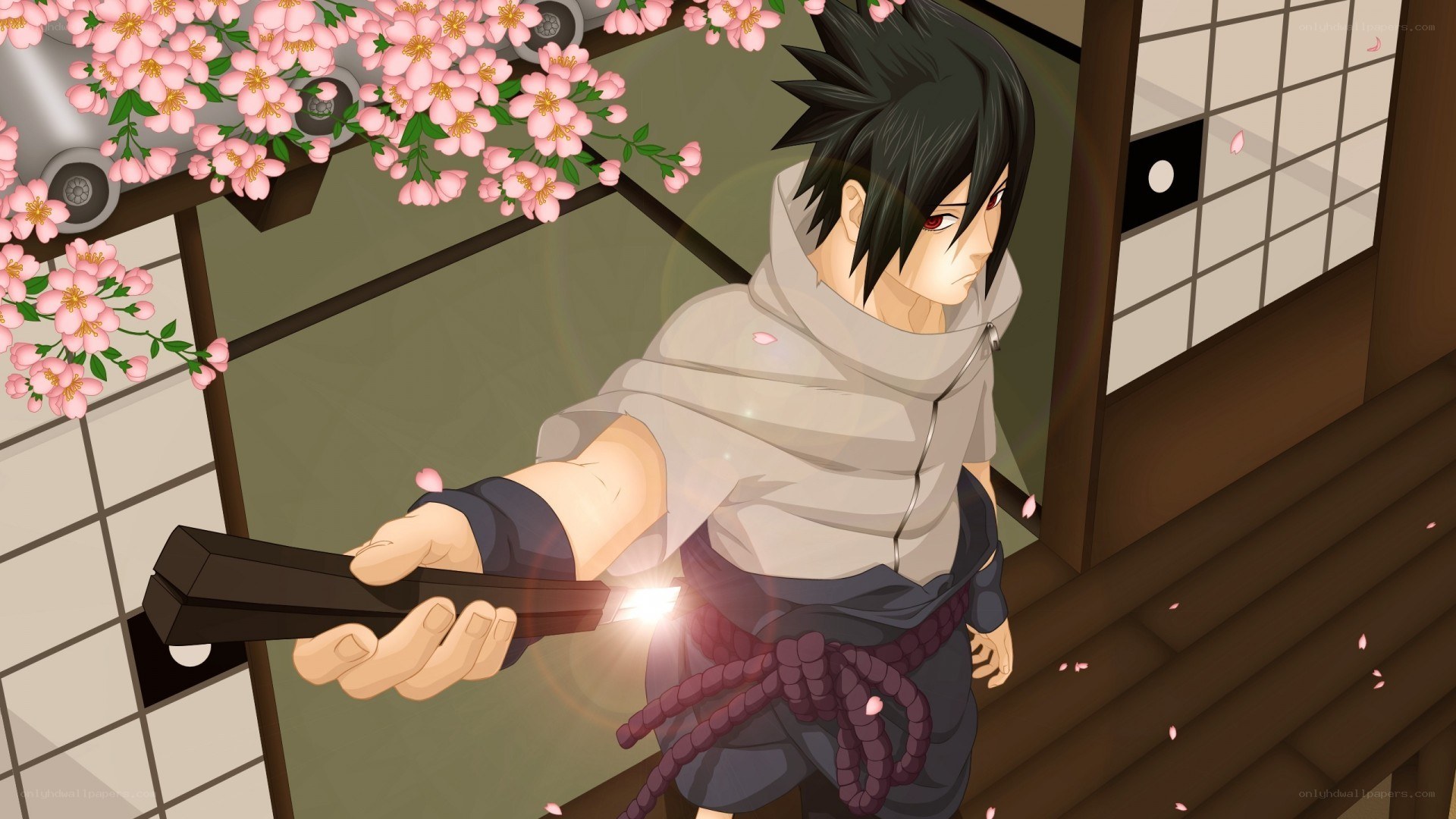 Sasuke with kunai under cherry blossoms