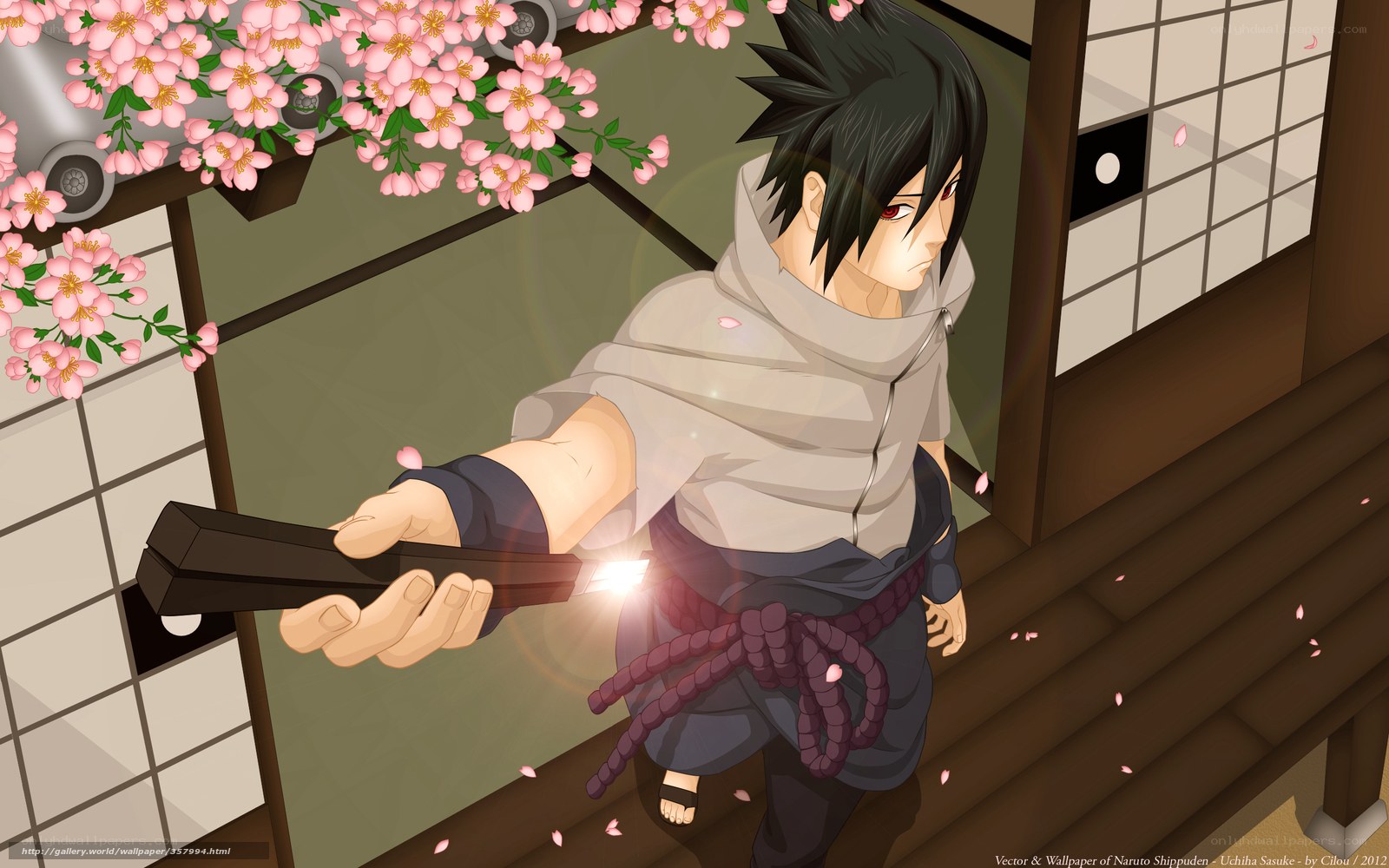 Sasuke with kunai under cherry blossoms