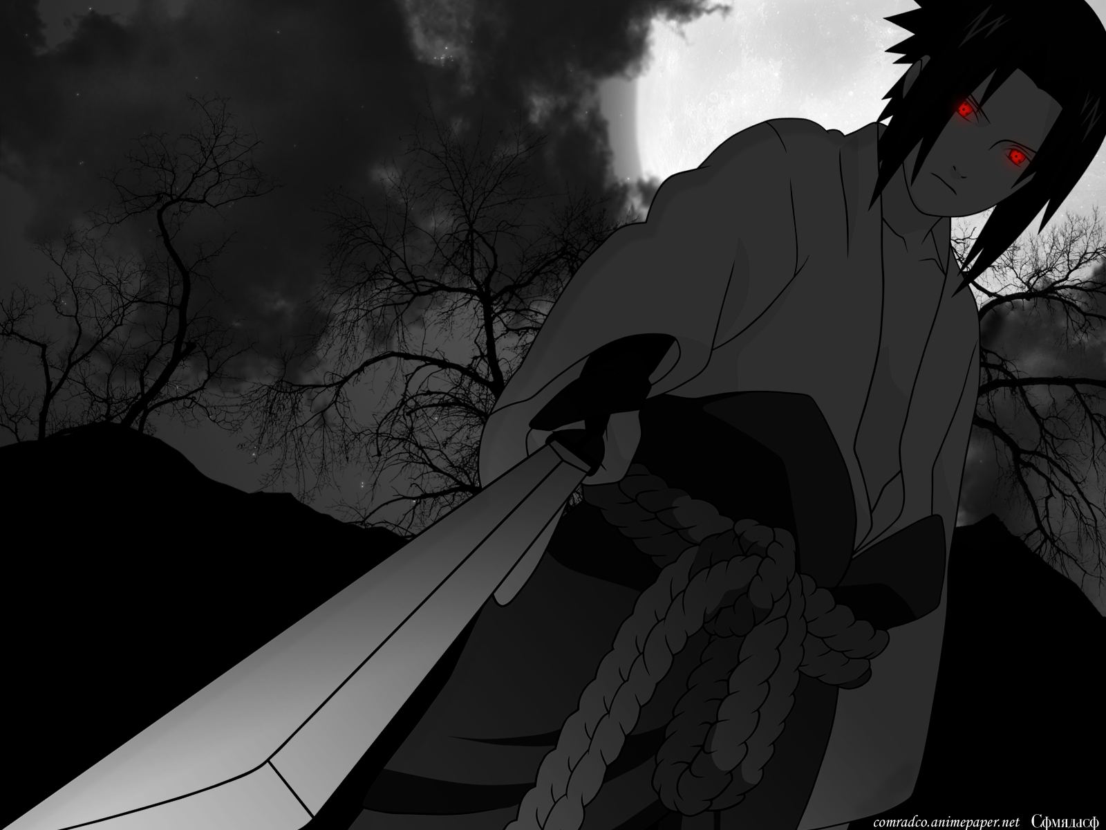 Sasuke with sword at night