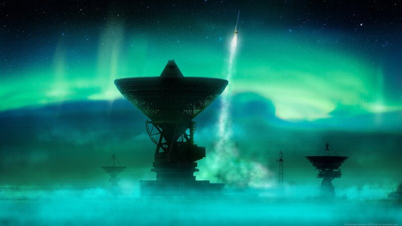Satellite dish under aurora