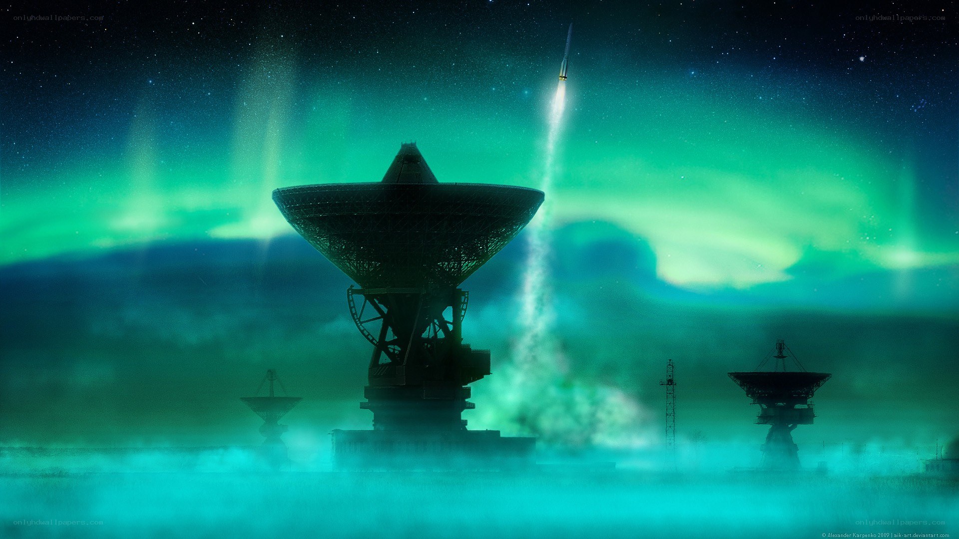Satellite dish under aurora