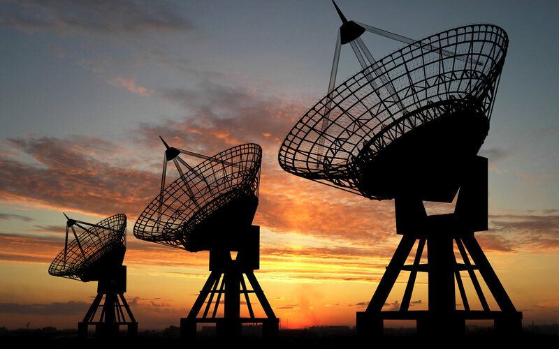 Satellite Dishes at Sunset — Orange, Dramatic, Photograph