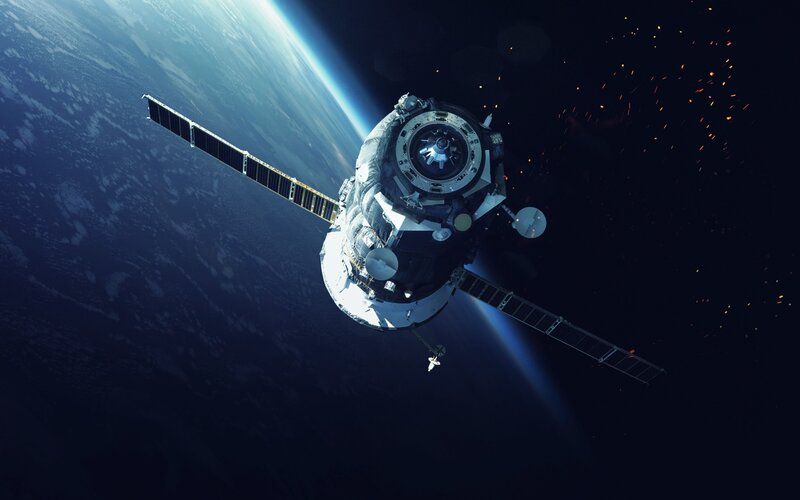 Satellite in Orbit — Blue, Dramatic, 3d Render