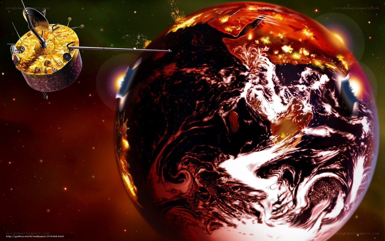 Satellite orbiting a fiery planet
