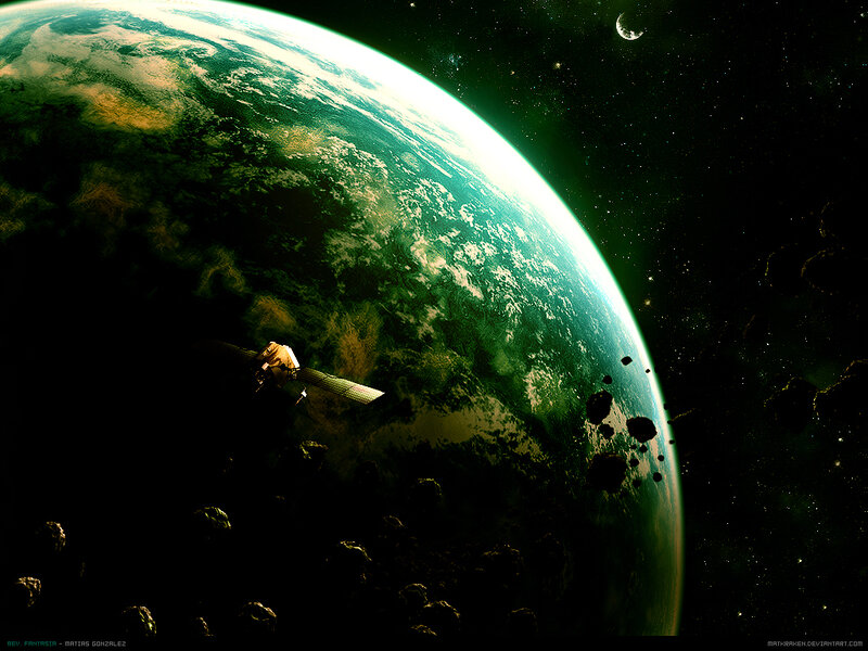 Satellite orbiting a green planet