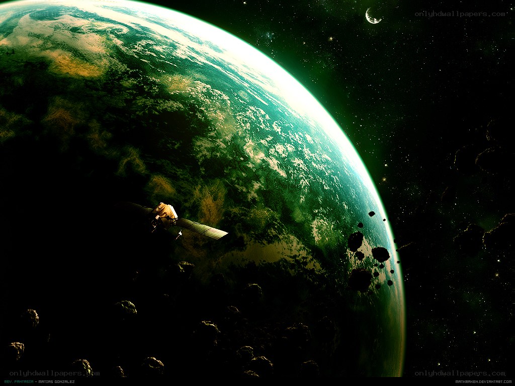 Satellite orbiting a green planet