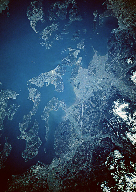 Satellite view of a coastal city