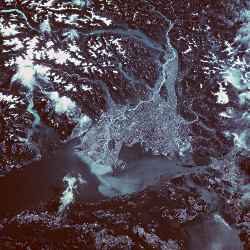 Satellite view of a coastal city