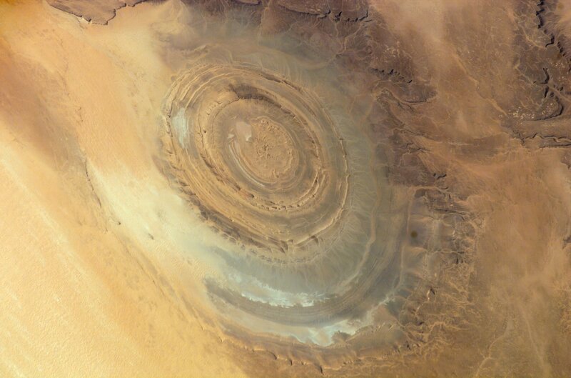 Satellite view of a desert crater