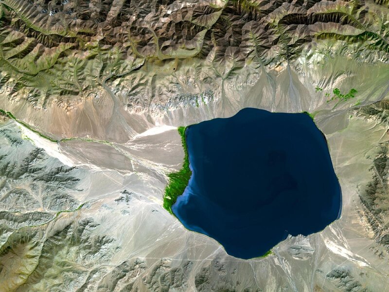 Satellite view of a mountain lake