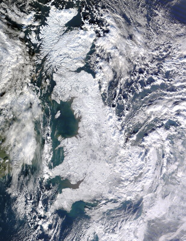 Satellite view of a snowy landmass