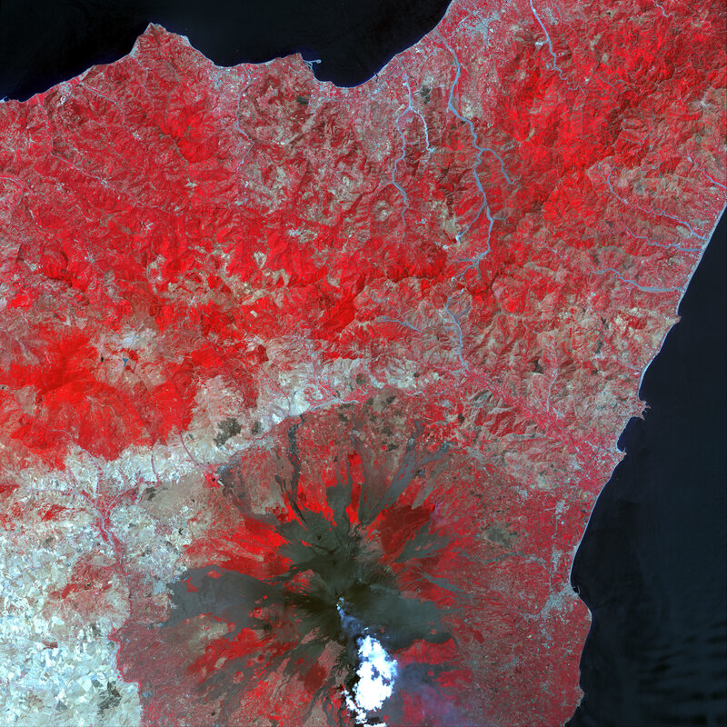 Satellite view of a volcanic eruption