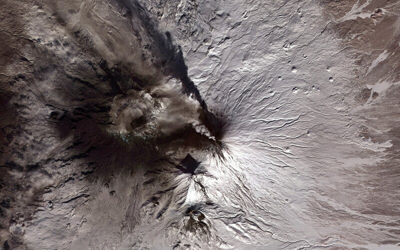Satellite view of a volcanic eruption