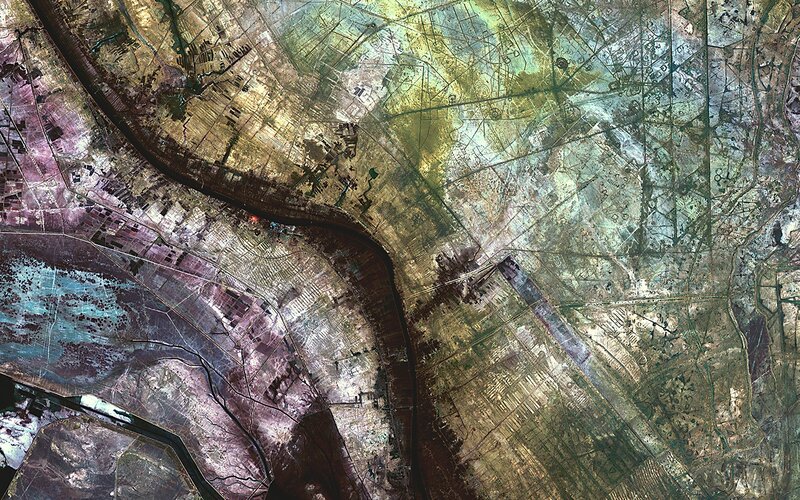 Satellite view of river and farmland