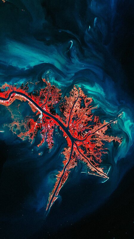 Satellite View of River Delta — Red, Dramatic