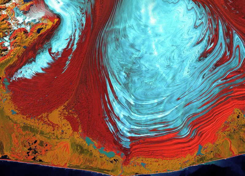 Satellite View of River Delta — Red
