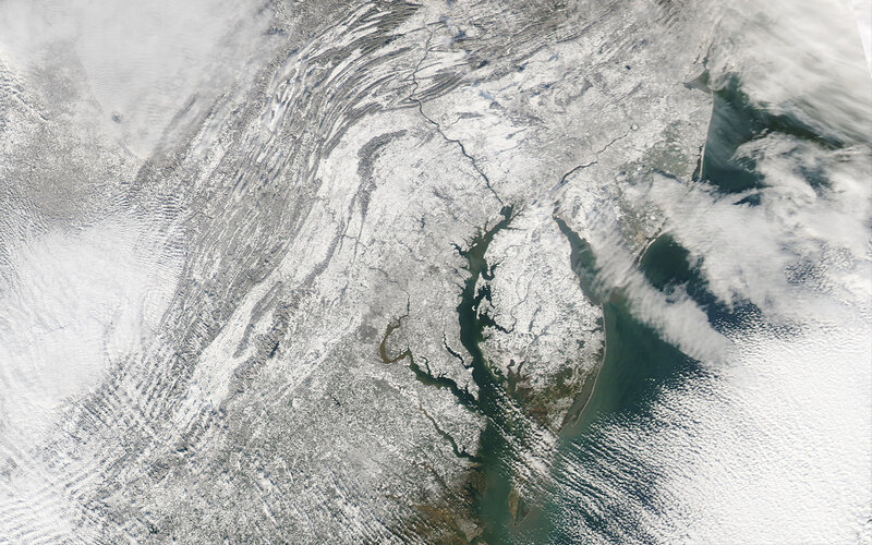 Satellite view of snowy coast
