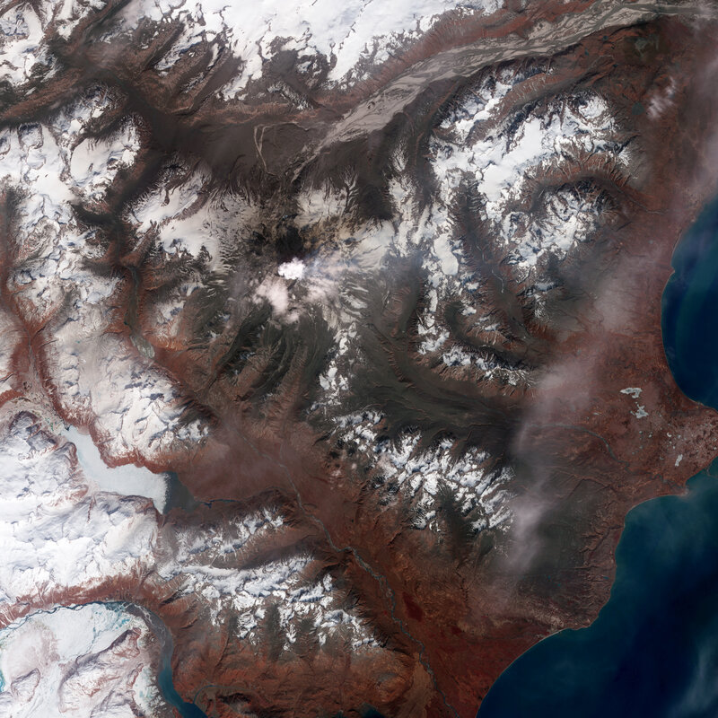 Satellite view of snowy mountains