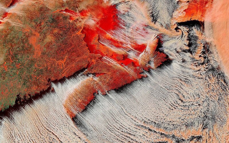 Satellite view of volcanic eruption