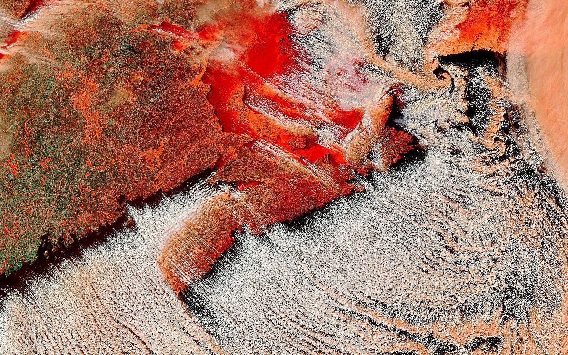 Satellite view of volcanic eruption
