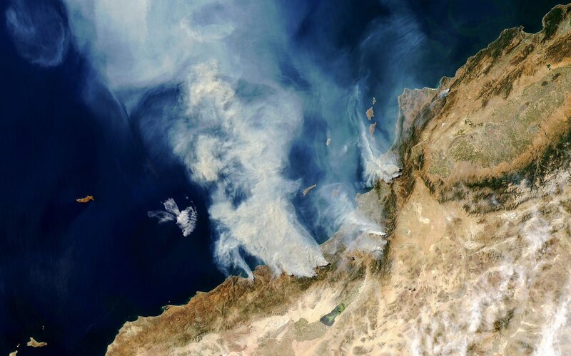 Satellite view of wildfire smoke