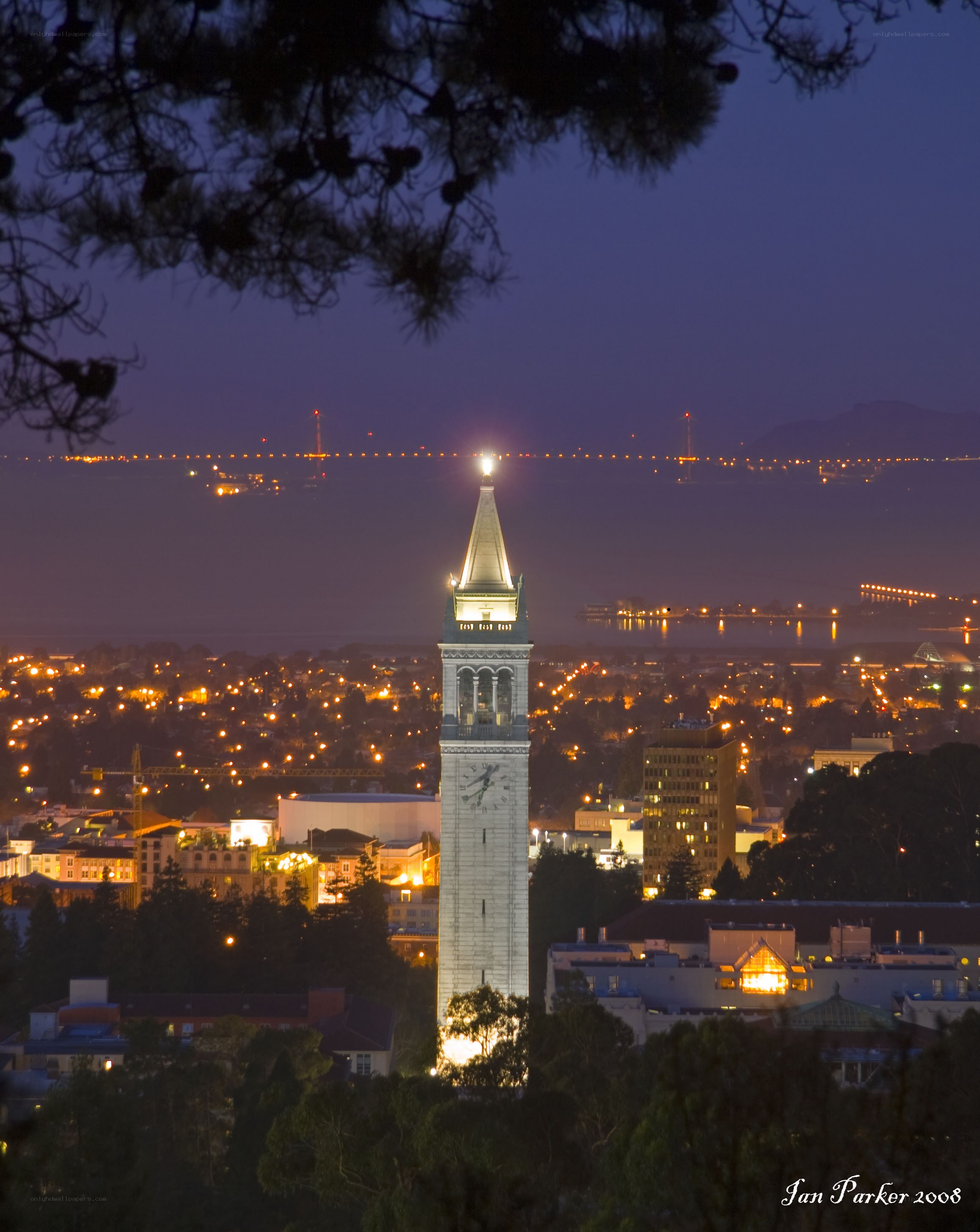 Sather Tower at night